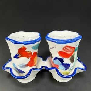 Anthropologie Luna Floral Ceramic Salt and Pepper Shaker Set with Tray New w Tag